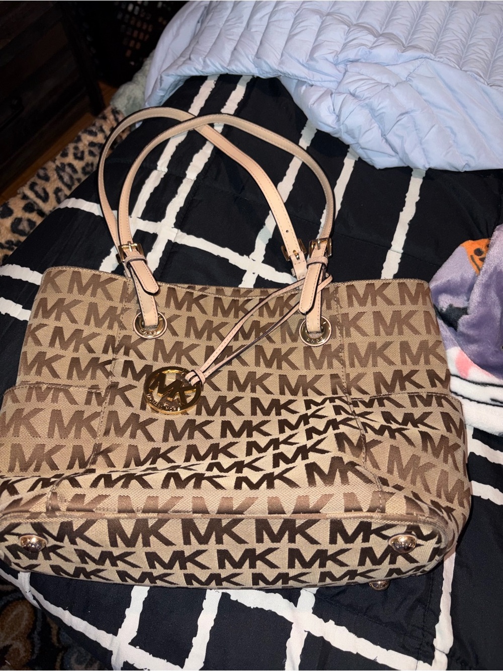 Michael Kors Brown Beige MK Logo Tote with Gold Charm